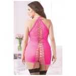 Fishnet And Lace Chemise And Thong Hot Pink Queen Size - STM10606XPHP