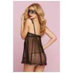 Floral Galloon Lace And Dot Mesh Babydoll Black One Size - STM10727PBK