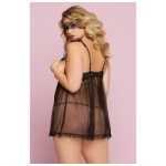 Floral Galloon Lace And Dot Mesh Babydoll Black Queen Size - STM10727XPBK